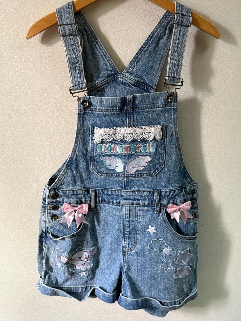Sanrio Light Blue Denim Shortalls with Pink Ribbon & Wing Patch